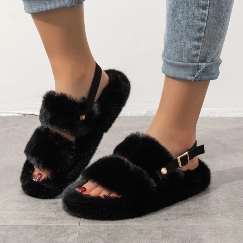 Double band fluffy slippers